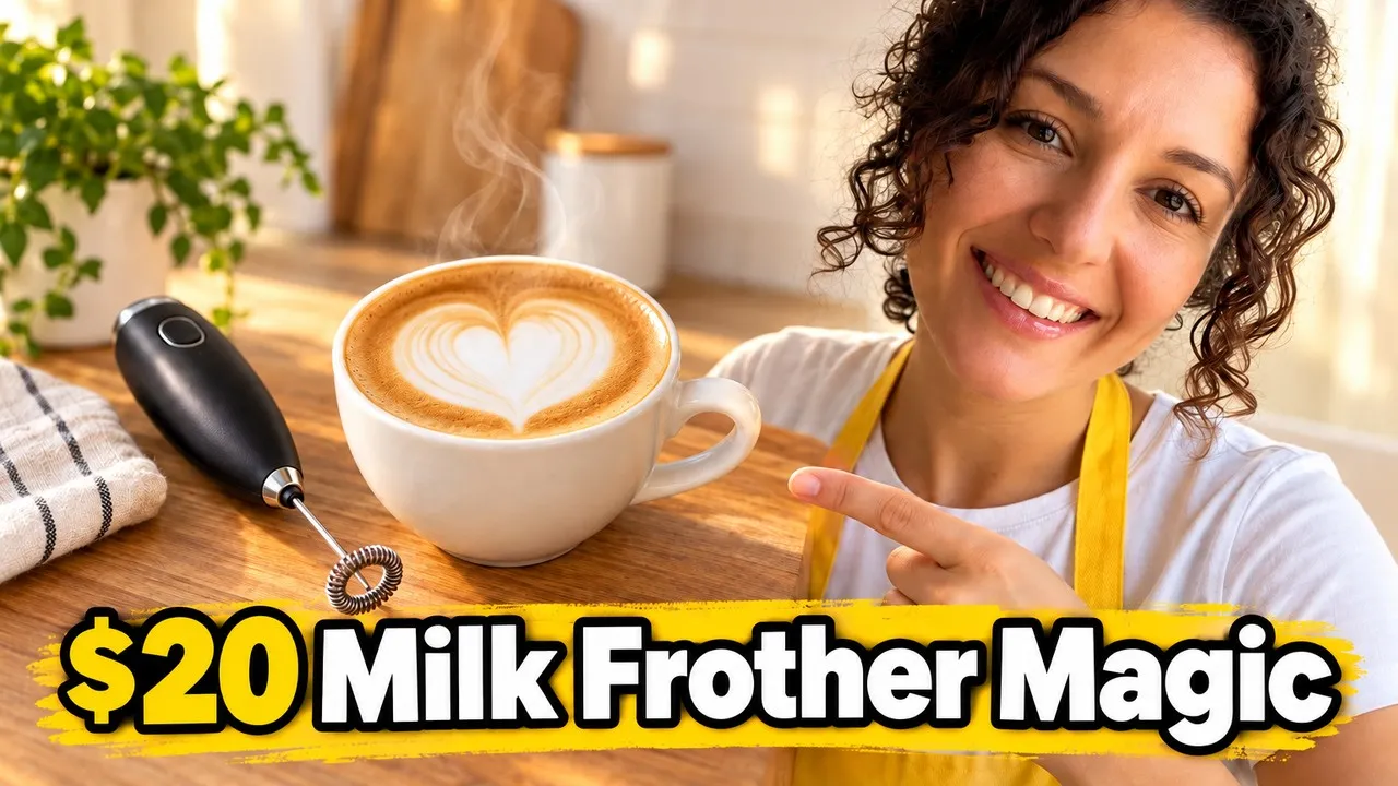 The creator pointing at a latte with a heart and a small frother, “$20 milk frother magic”