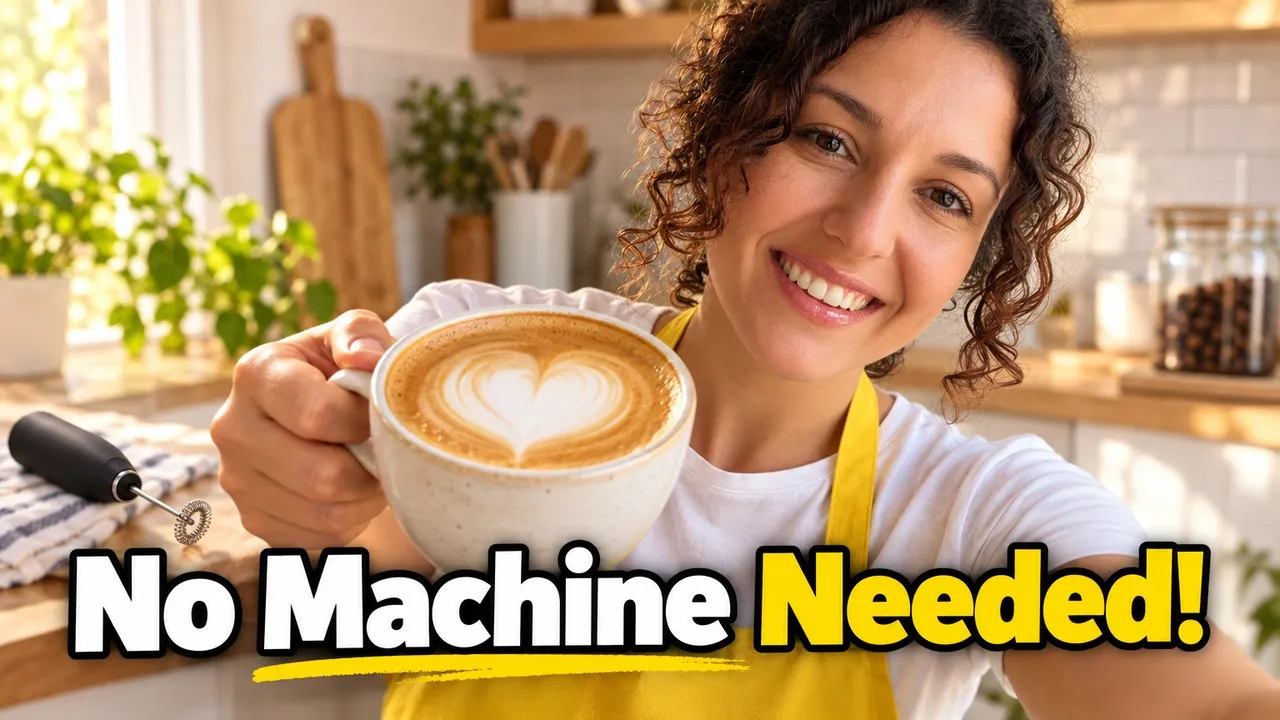 The creator holding up a latte with a heart, “No machine needed!”