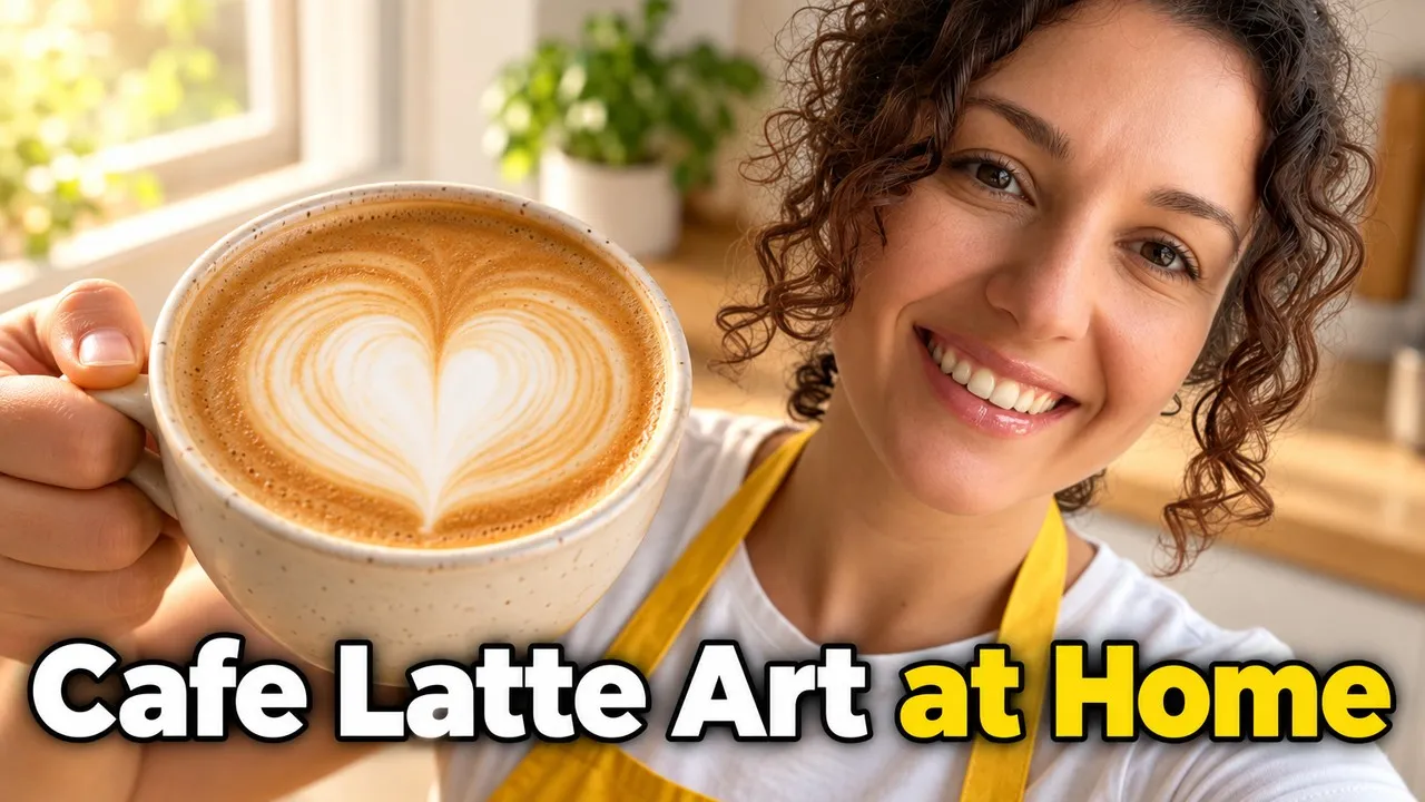 A latte with a heart close to the camera, the creator smiling behind it, “Cafe latte art at home”