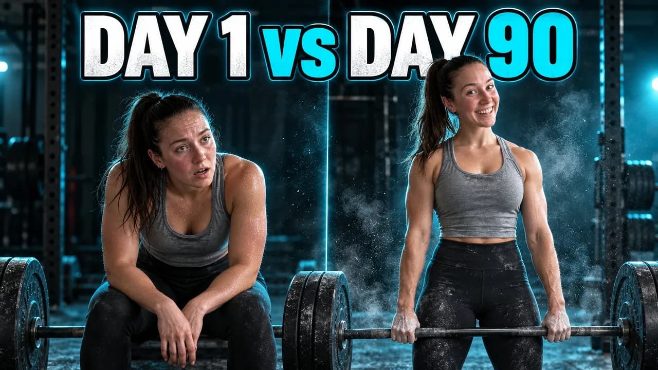 An example thumbnail: the same athlete tired on day 1 and strong on day 90, “Day 1 vs day 90”