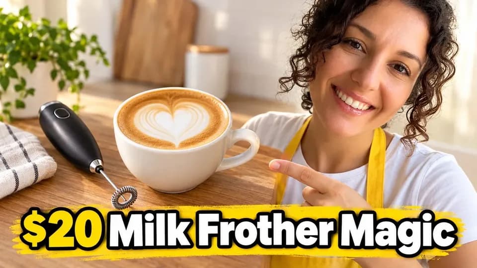 Variant 1: the creator pointing at a latte with a heart and a small frother, text "$20 Milk Frother Magic"