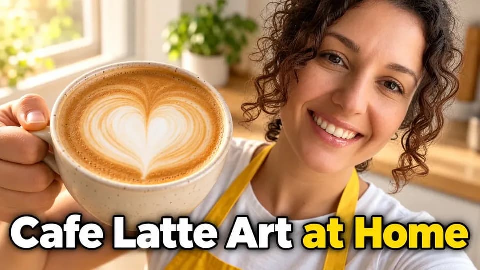 Variant 3: a latte with a heart close to the camera, the creator smiling behind it, text "Cafe Latte Art at Home"