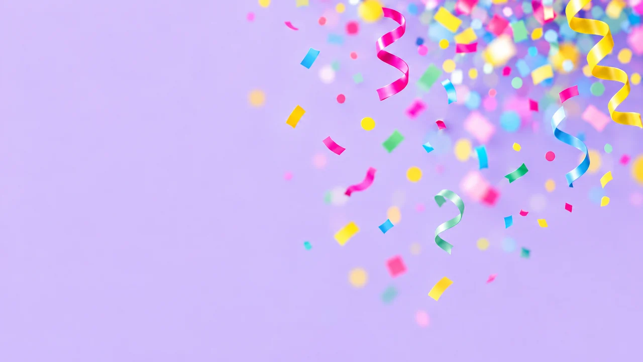 Pink, yellow and blue confetti falling over a pastel purple background on the right, a smooth clear area on the left.
