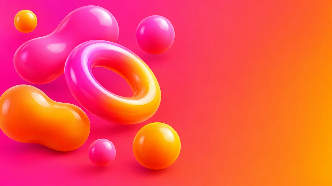 Hot pink to orange gradient with glossy 3D blobs and spheres on the left, smooth gradient on the right.