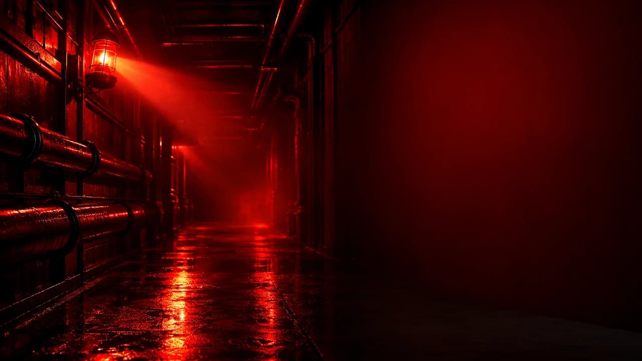 Dark industrial corridor flooded with red emergency light and haze on the left, a plain dark red wall on the right.