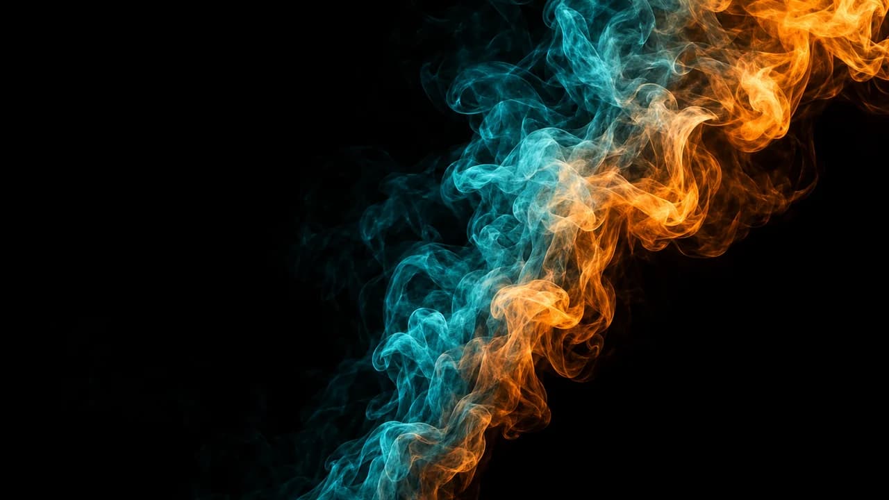 Orange and teal smoke rising in a diagonal plume towards the top right of a black background, the whole left half almost plain black.