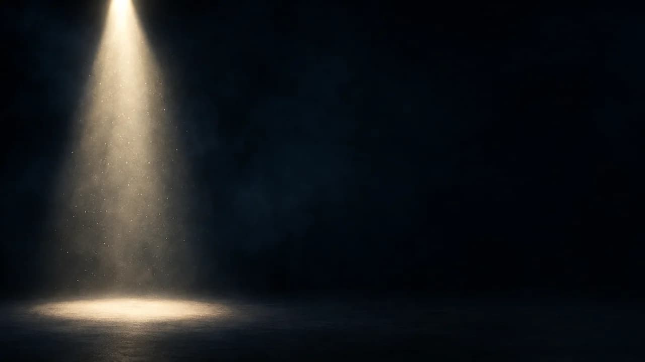 Single spotlight beam falling on an empty dark stage on the left, with dust in the light; dark empty space on the right.