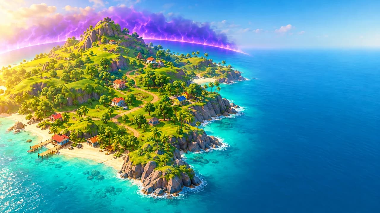 Cartoon tropical island seen from above with small houses and hills, a purple storm ring on the horizon, open turquoise sea and sky on the right.