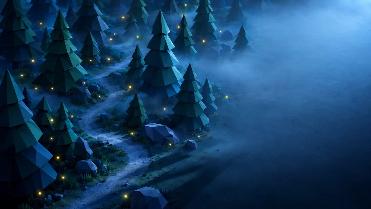 Low-poly pine forest at night seen from slightly above, faceted trees and fireflies on the left, a calm moonlit clearing on the right.