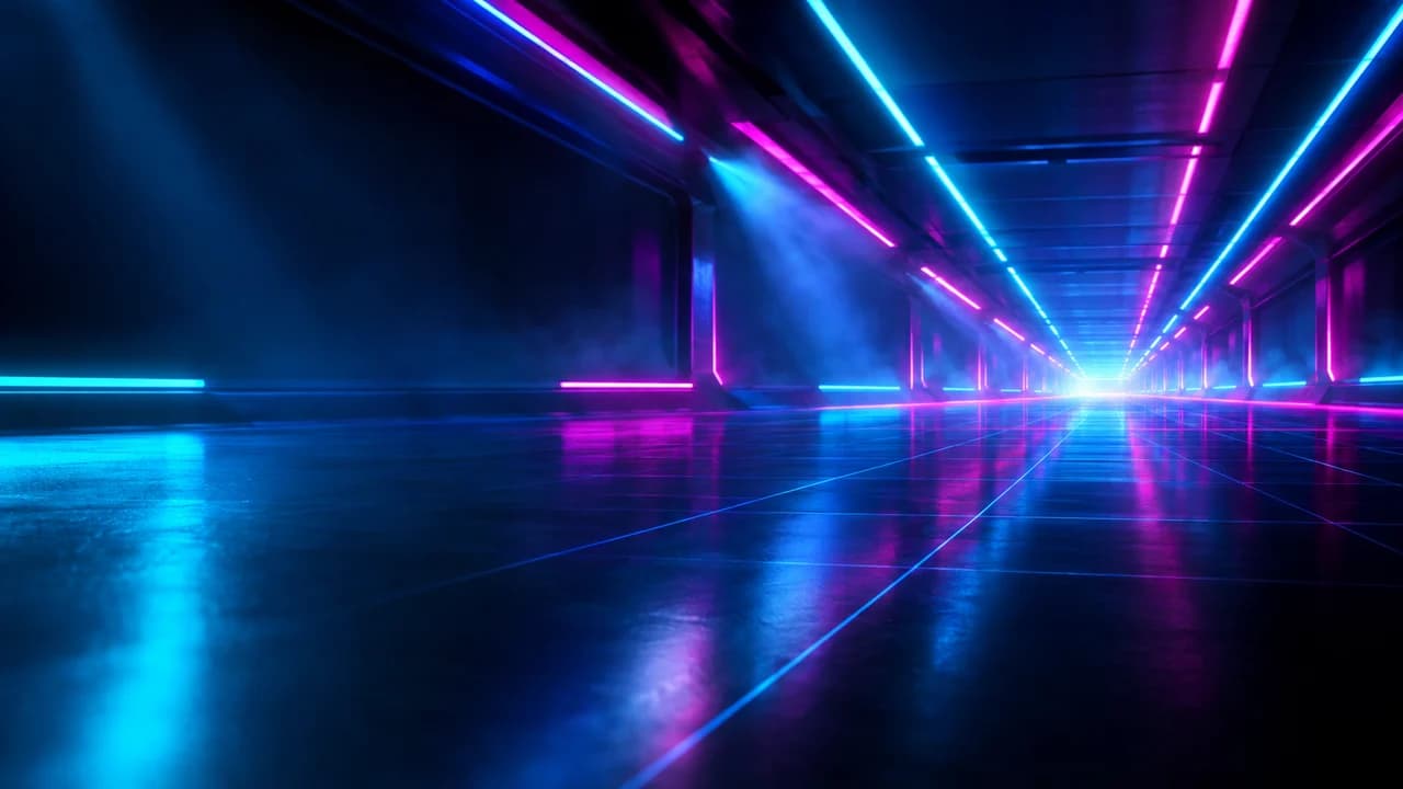 Low view along a dark arena floor, magenta and cyan neon strips converging to a glowing point on the right, a dark reflective floor on the left.