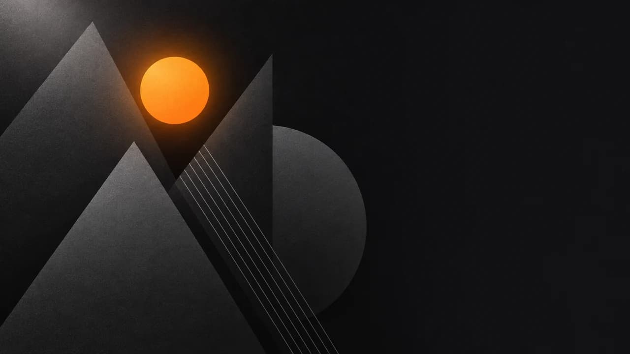 Flat overlapping triangles, circles and thin lines in charcoal grey with one orange circle glowing on the left, plain near-black on the right.