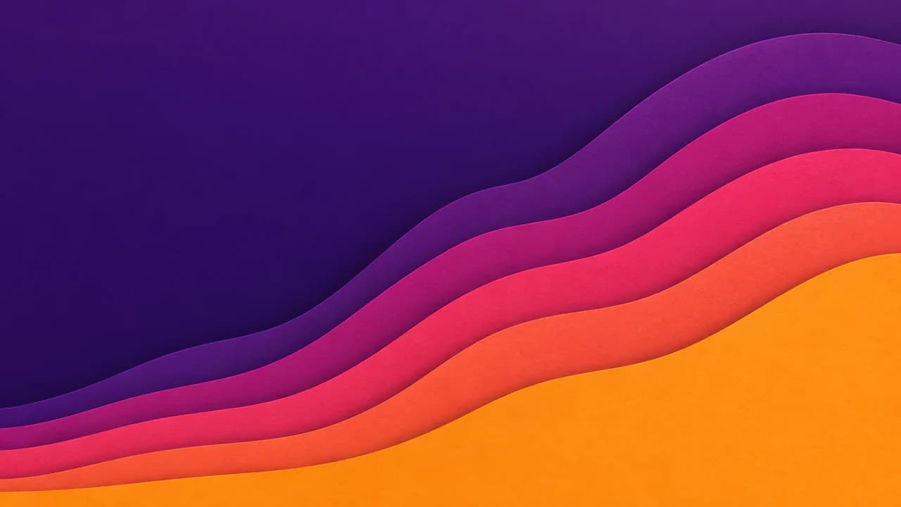 Layered paper-cut waves stacked from orange to magenta to purple, rising on the right, a smooth deep purple sky on the left.