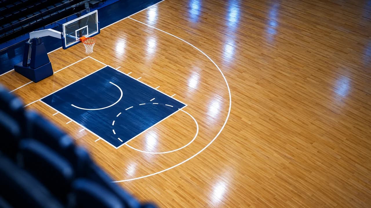 Empty indoor basketball court seen from high in the stands, a hoop and court lines on the left, plain polished wooden floor on the right.