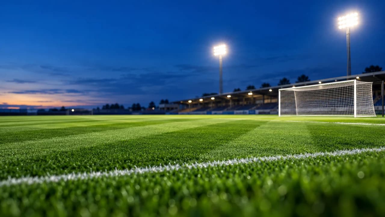 Low-angle view across a striped grass football pitch with a goal and floodlights on the right, an evening blue sky on the left.