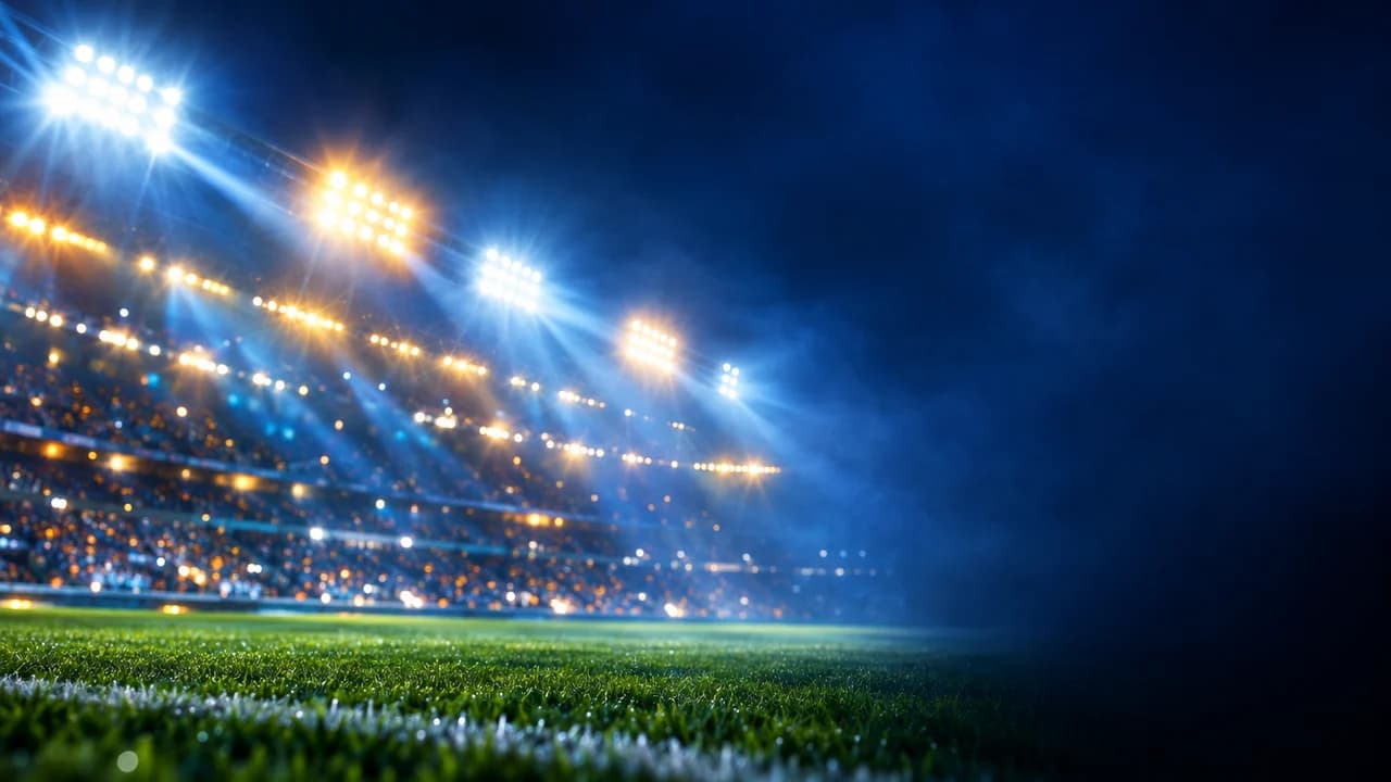 Night stadium floodlights flaring through haze over a crowd blurred into light dots on the left, dark blue night sky on the right.