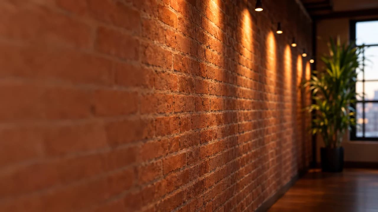 Red brick wall seen at an angle, receding towards a plant and warm spotlights on the right, softly lit and out of focus on the left.