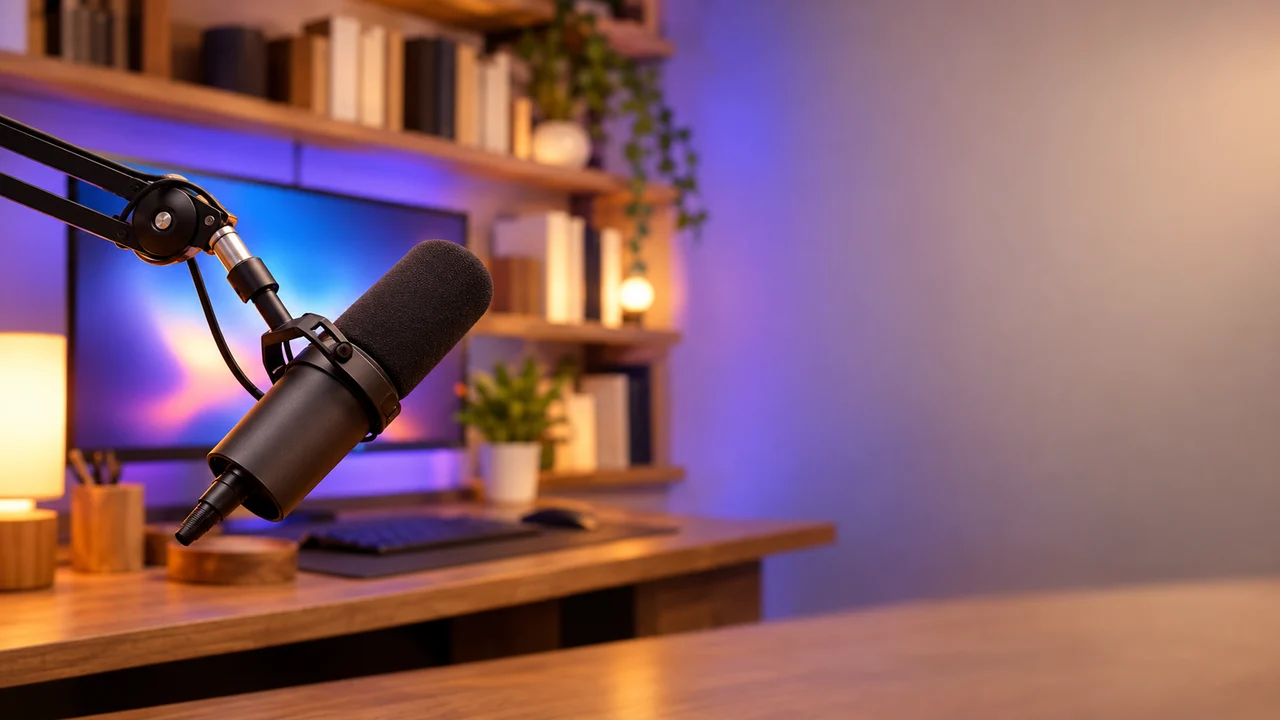 Blurred creator desk with a microphone arm, a glowing monitor, a plant and shelves on the left, a plain softly lit wall on the right.
