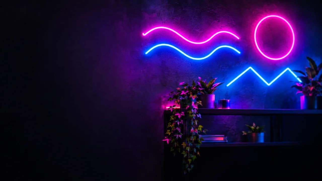 Dark room with abstract wavy neon tube shapes glowing pink and blue on the right wall, a dark plain wall on the left.