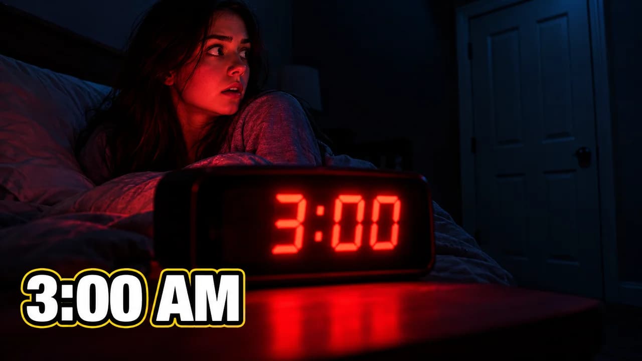 3 AM challenge thumbnail: a red digital clock reading 3:00 by a bed, a girl lying awake lit red and staring at the door, text 3:00 AM