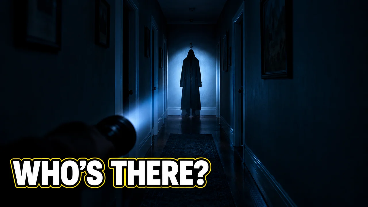 3 AM challenge thumbnail: a flashlight beam down a dark hallway ending on a tall hooded figure, text WHO'S THERE?