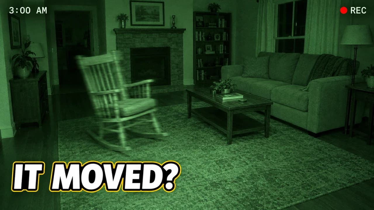 3 AM challenge thumbnail: green night-vision camera view of a living room at 3:00 AM with REC, a rocking chair blurred as if moving, text IT MOVED?