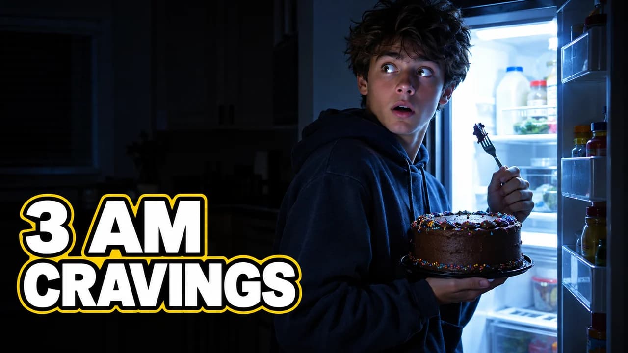 3 AM challenge thumbnail: a startled teenager at an open fridge at night holding a chocolate cake and a fork, text 3 AM CRAVINGS