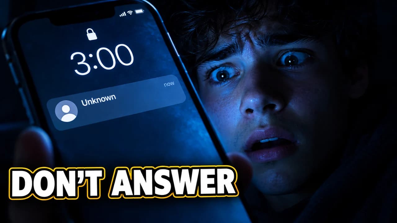 3 AM challenge thumbnail: a phone lock screen at 3:00 with a call notification from Unknown, a scared face lit blue, text DON'T ANSWER