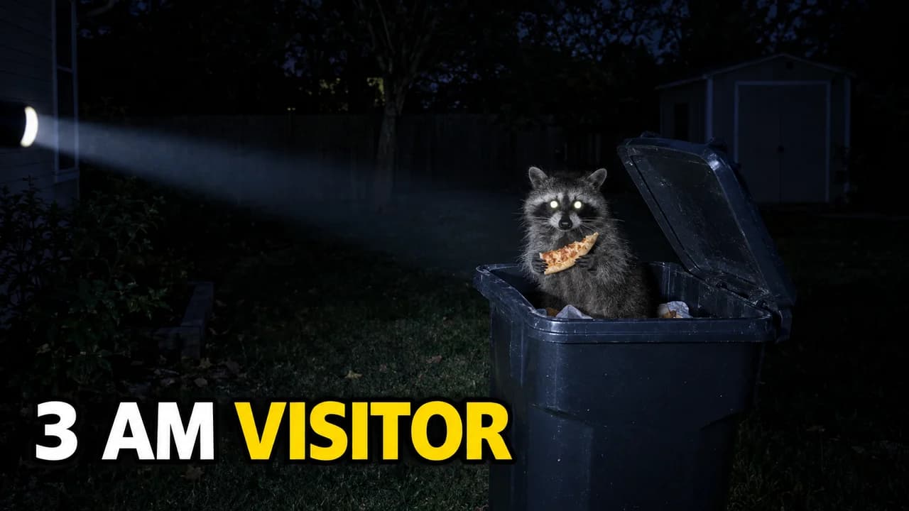 3 AM challenge thumbnail: a flashlight beam in a dark backyard on a raccoon in a bin holding a pizza slice, text 3 AM VISITOR