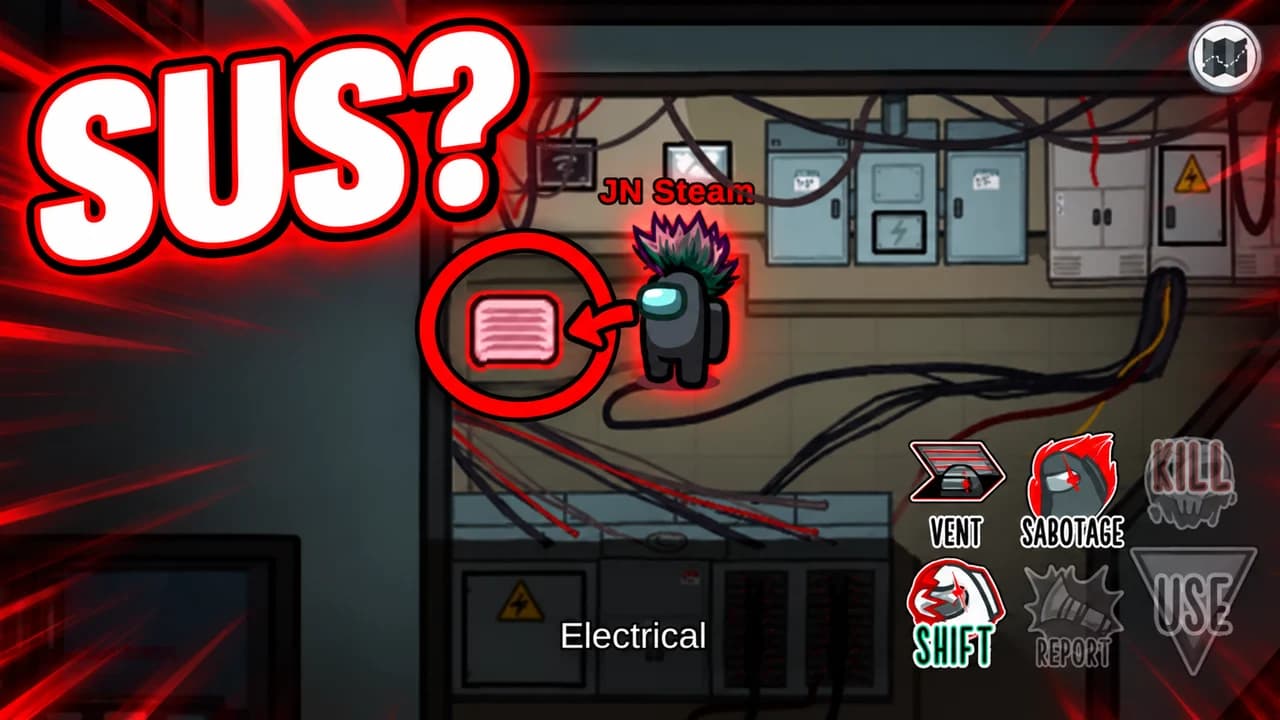 Among Us thumbnail: a black crewmate with spiky hair next to a vent circled in red in Electrical, the Shapeshifter buttons on the HUD, text SUS?