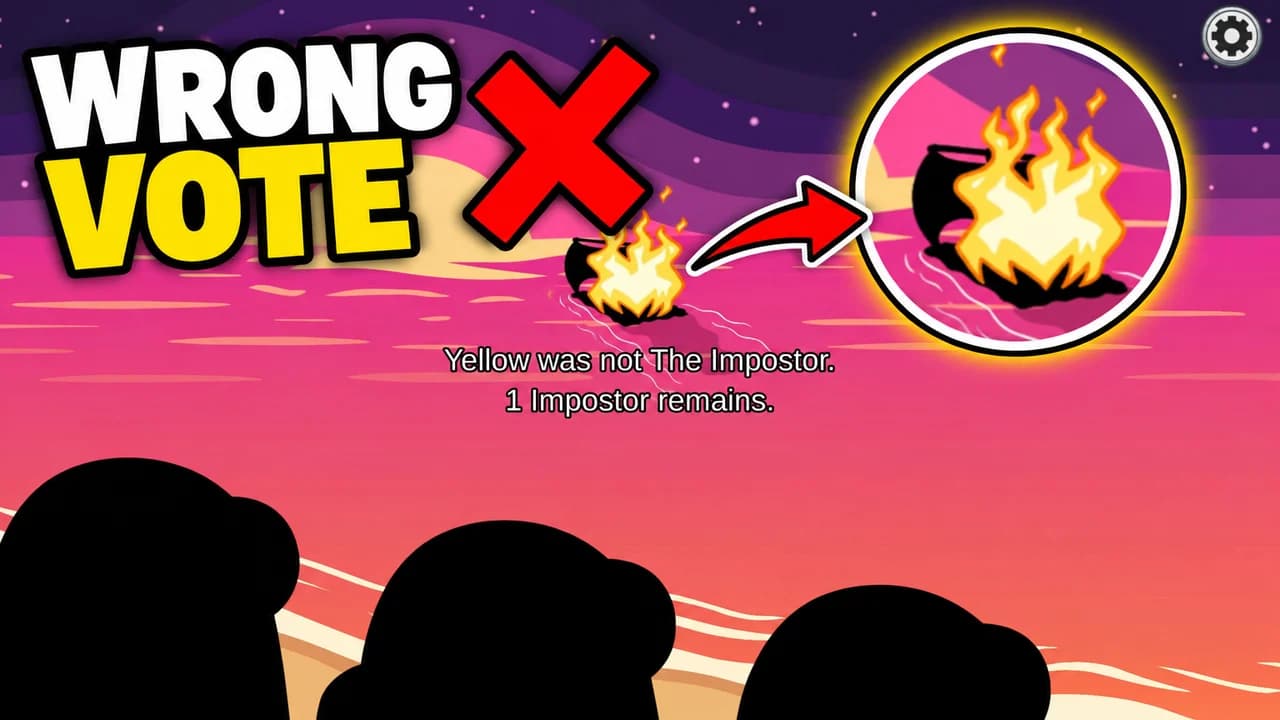 Among Us thumbnail: Yellow ejected into a pink sunset sky, zoomed in a circle, a red cross, screen text Yellow was not The Impostor, text WRONG VOTE