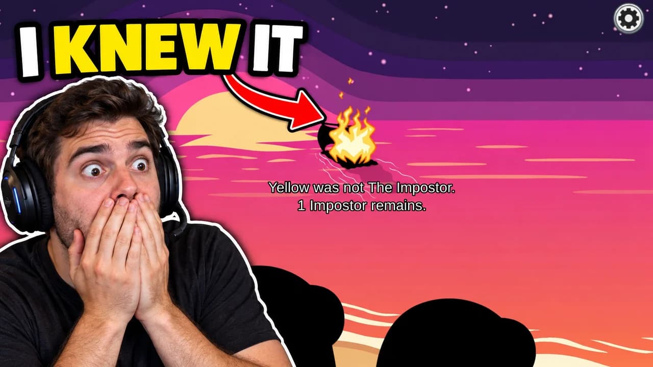 Among Us thumbnail: an invented streamer with a headset covering his mouth, an arrow to the screen saying Yellow was not The Impostor, text I KNEW IT
