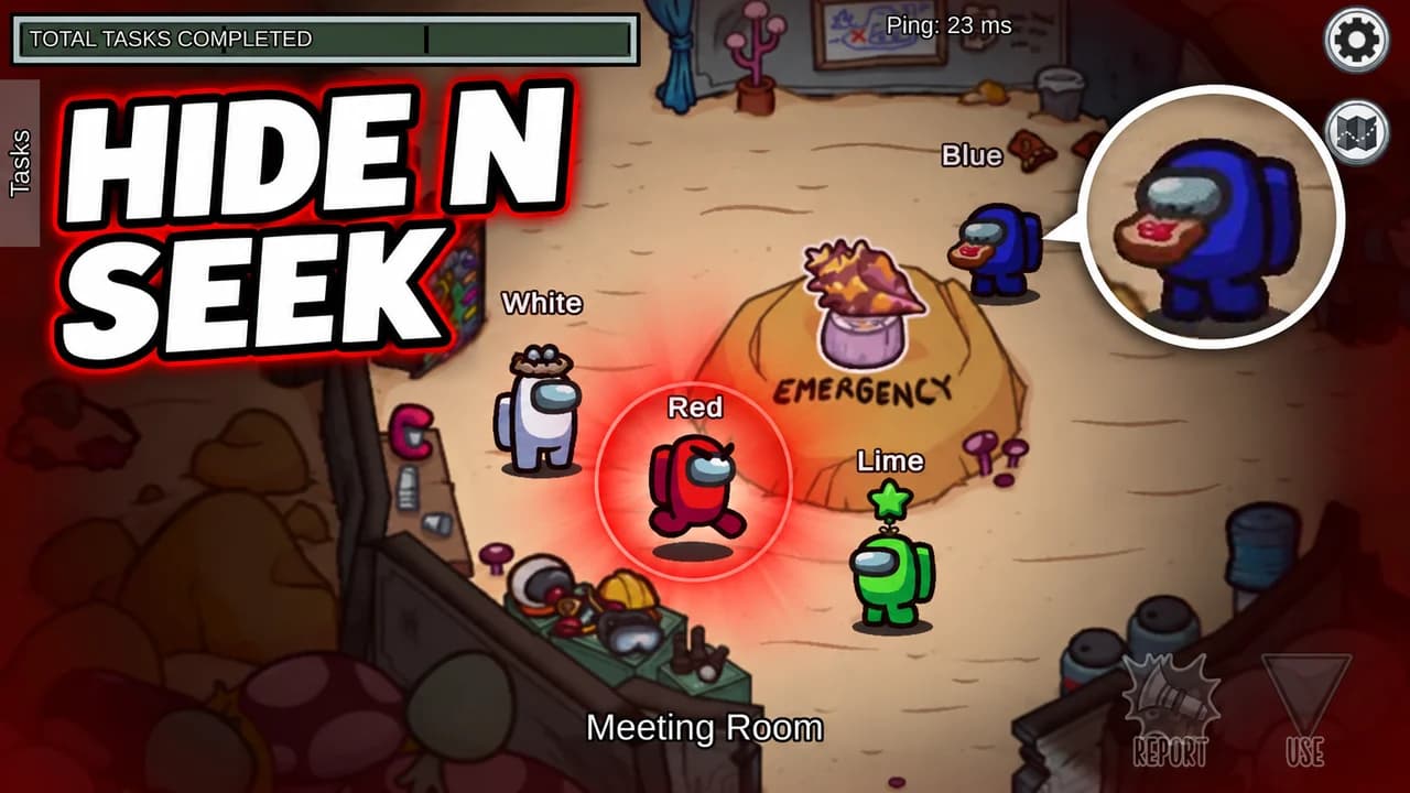 Among Us thumbnail: Red glowing in the Meeting Room on The Fungle, White, Lime and Blue around the emergency button, Blue zoomed in, text HIDE N SEEK
