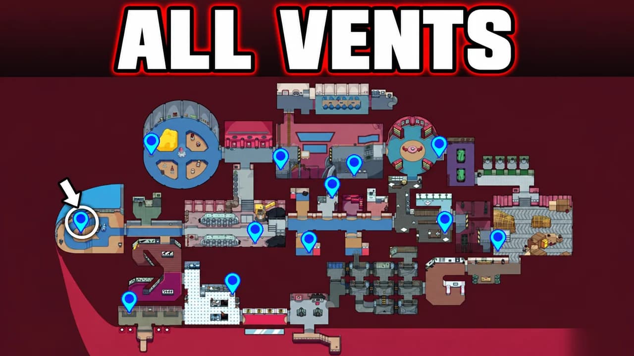 Among Us thumbnail: the full map of The Airship with blue pins on every vent and a white arrow on the Cockpit vent, text ALL VENTS