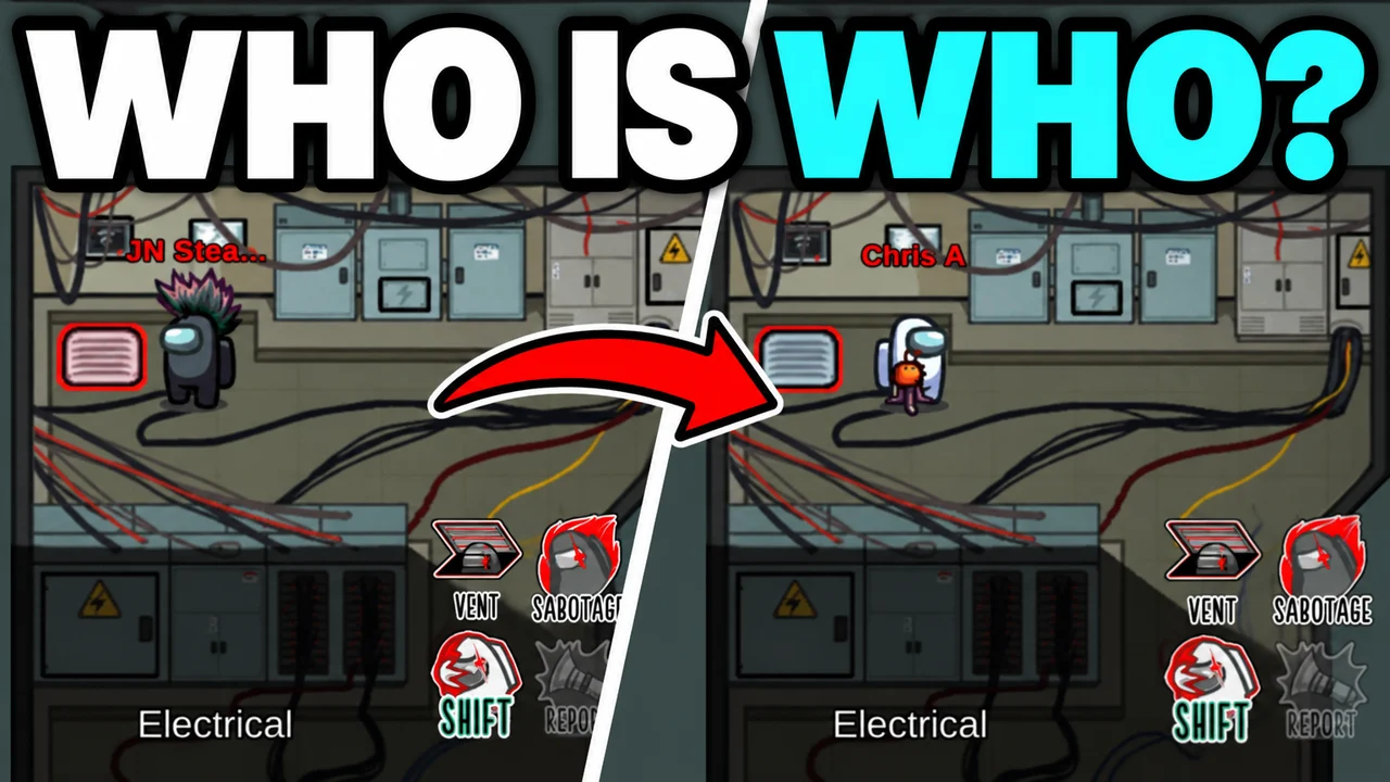 Among Us thumbnail: a split frame in Electrical, a black crewmate on the left, the same player shifted into a white one on the right, text WHO IS WHO?