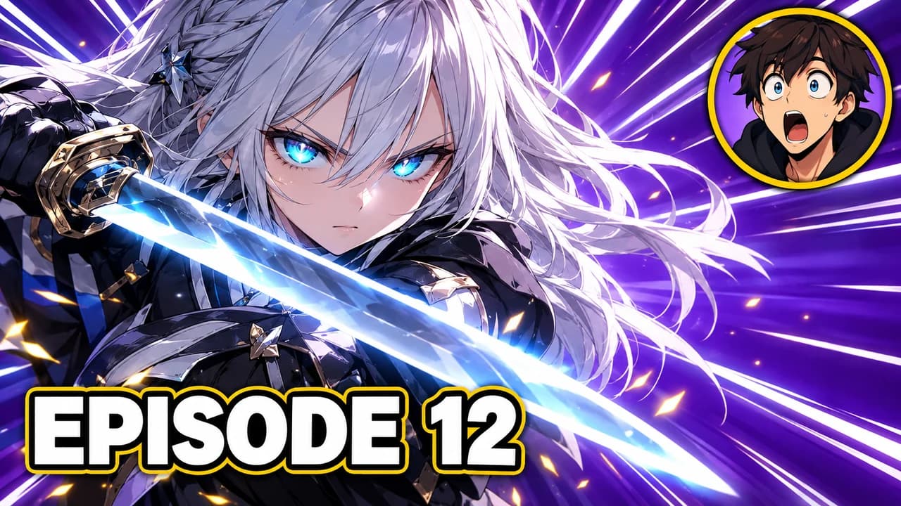 Anime reaction thumbnail: a silver-haired swordswoman with glowing cyan eyes on speed lines, a small shocked face in the corner, text EPISODE 12