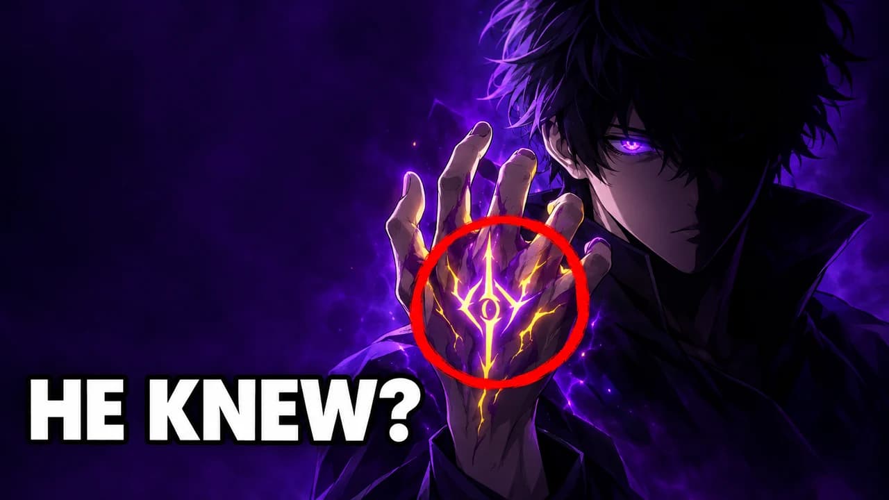 Anime theory thumbnail: an original boy half in shadow with one glowing violet eye, a red circle on a mark on his hand, text HE KNEW?