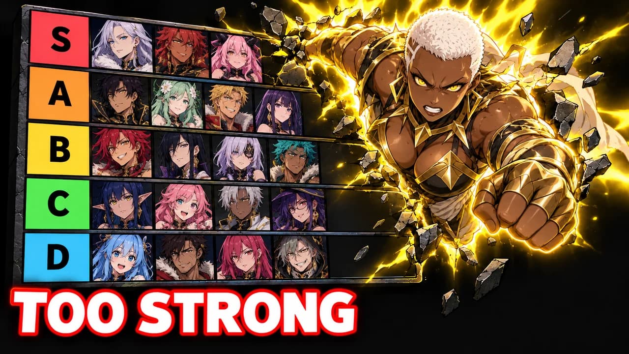 Anime tier list thumbnail: a grid from S to D with small original character icons, a muscular hero bursting out of the S row, text TOO STRONG