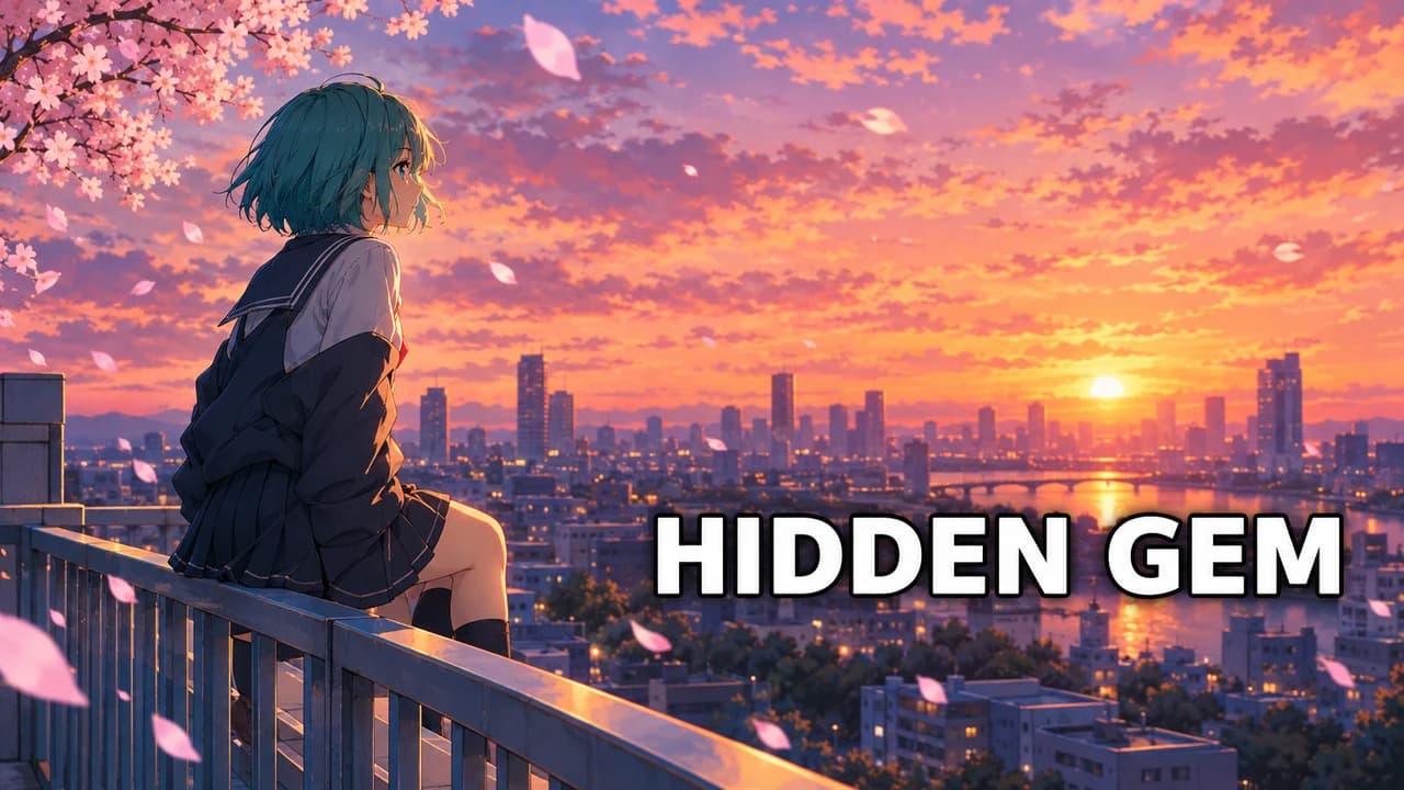Anime recommendation thumbnail: an original girl on a rooftop at dusk with sakura petals and a painted sky, text HIDDEN GEM