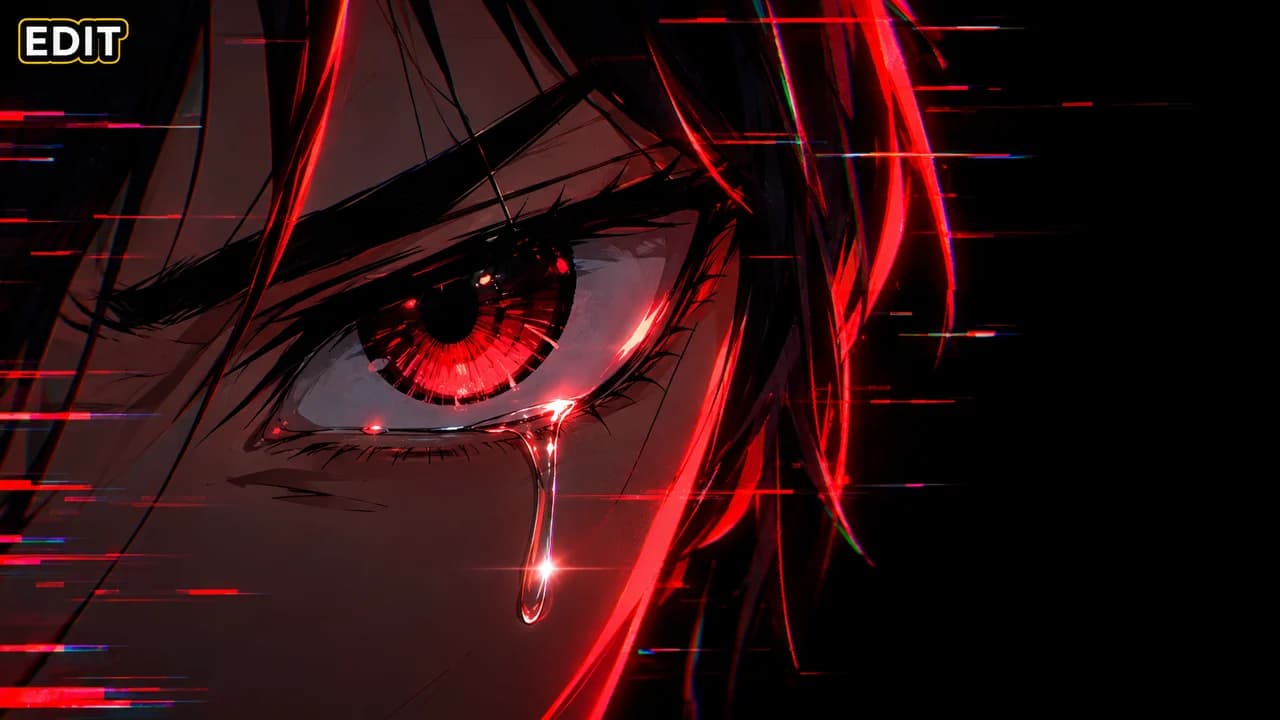 Anime edit thumbnail: extreme close-up of an original character's eye with red neon rim light and glitch lines, small text EDIT