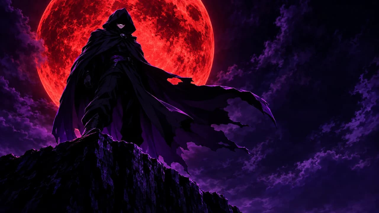 Anime theory thumbnail: low-angle view of a hooded original villain on a cliff under a red moon, no text