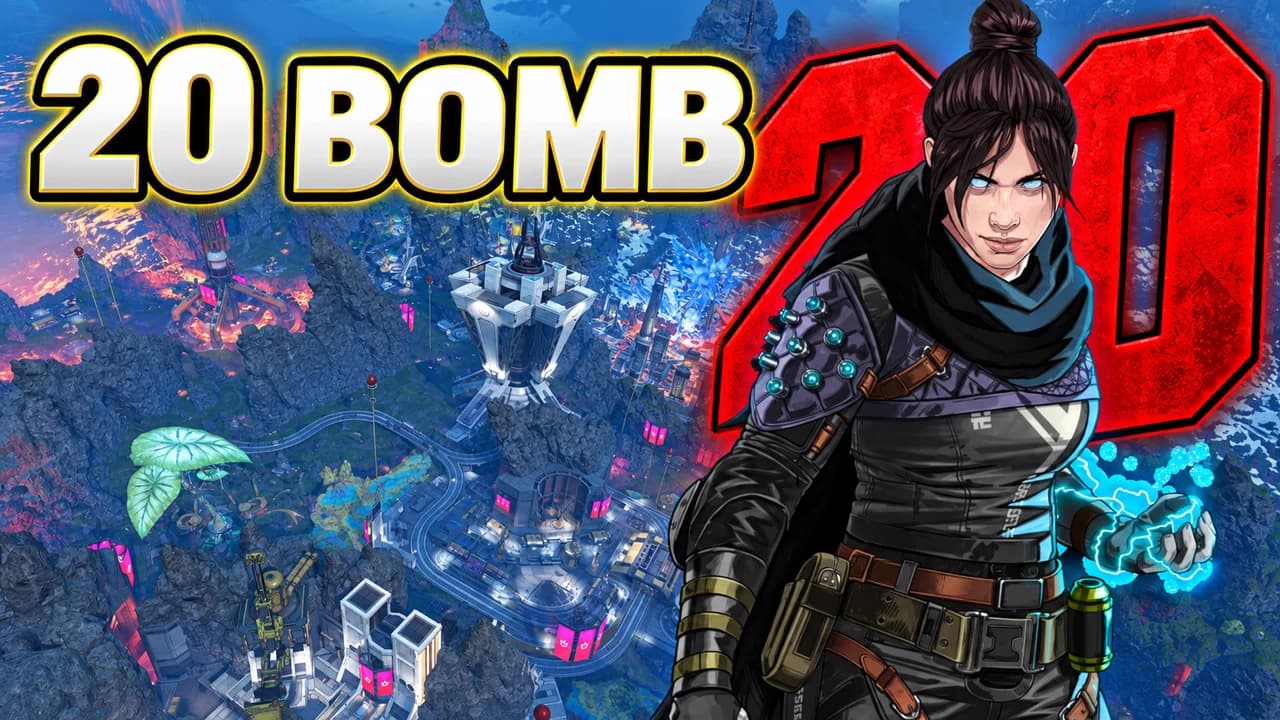 Apex Legends thumbnail: Wraith in front of a huge red 20 over an aerial view of World's Edge, text 20 BOMB