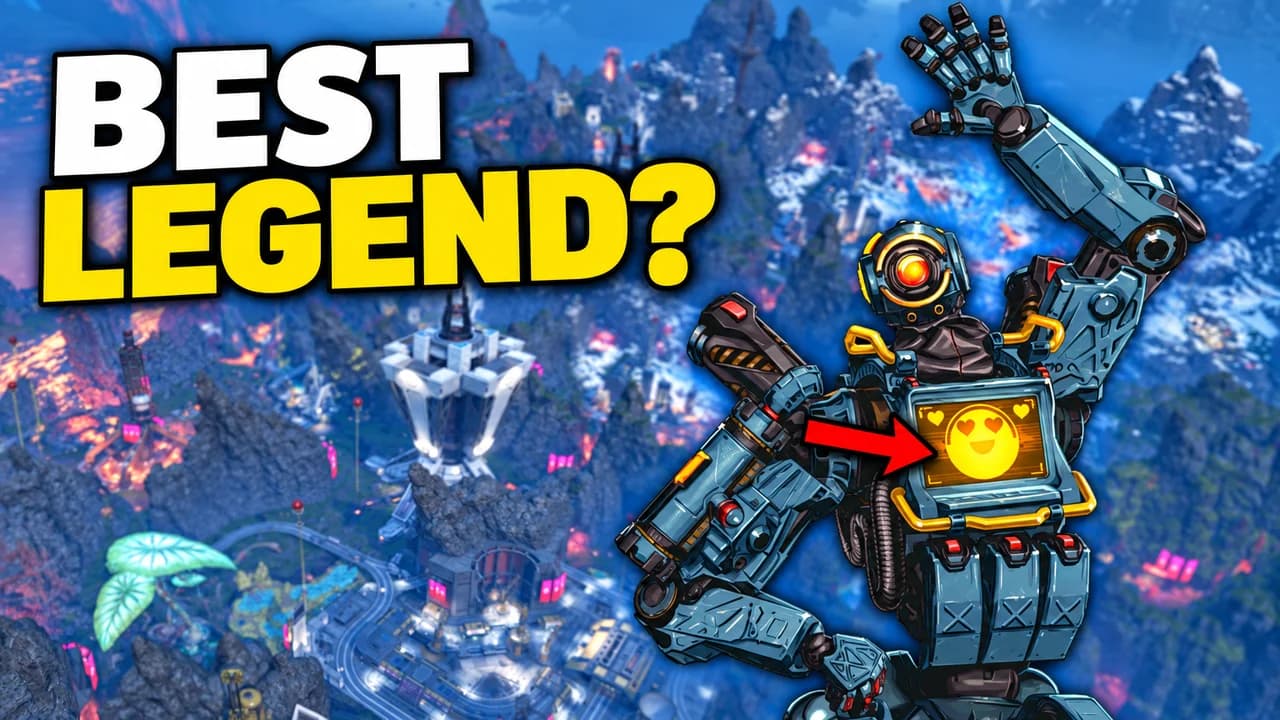 Apex Legends thumbnail: Pathfinder waving over World's Edge, a red arrow on the heart-eyes smiley on his chest screen, text BEST LEGEND?