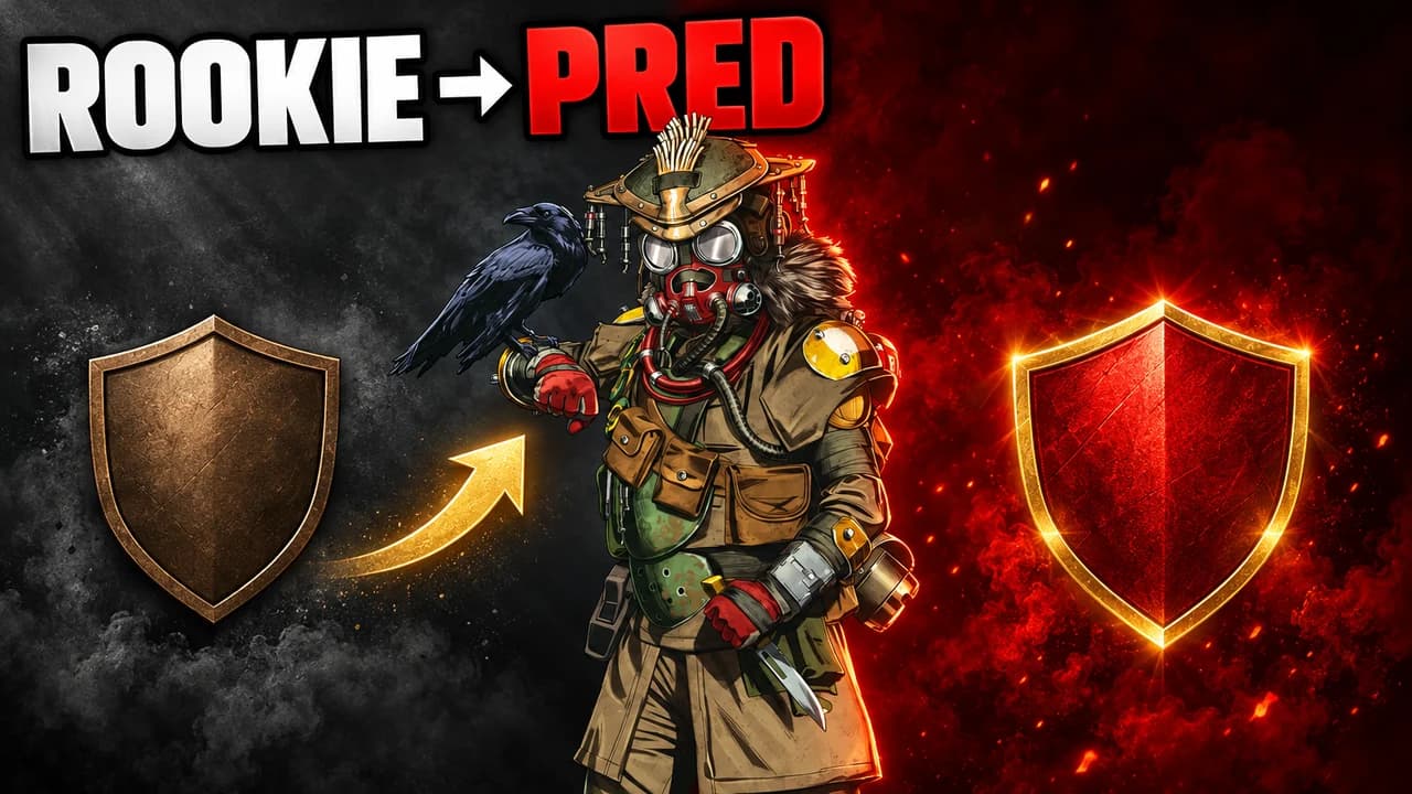 Apex Legends thumbnail: Bloodhound with a raven on his arm between a dull bronze shield on grey and a glowing red shield on fire, text ROOKIE → PRED