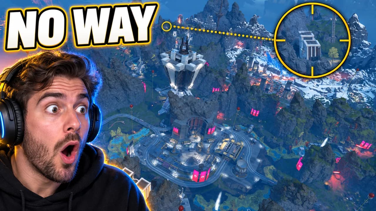 Apex Legends thumbnail: an invented streamer gasping over World's Edge, a dotted line to a gold scope circle on a far building, text NO WAY