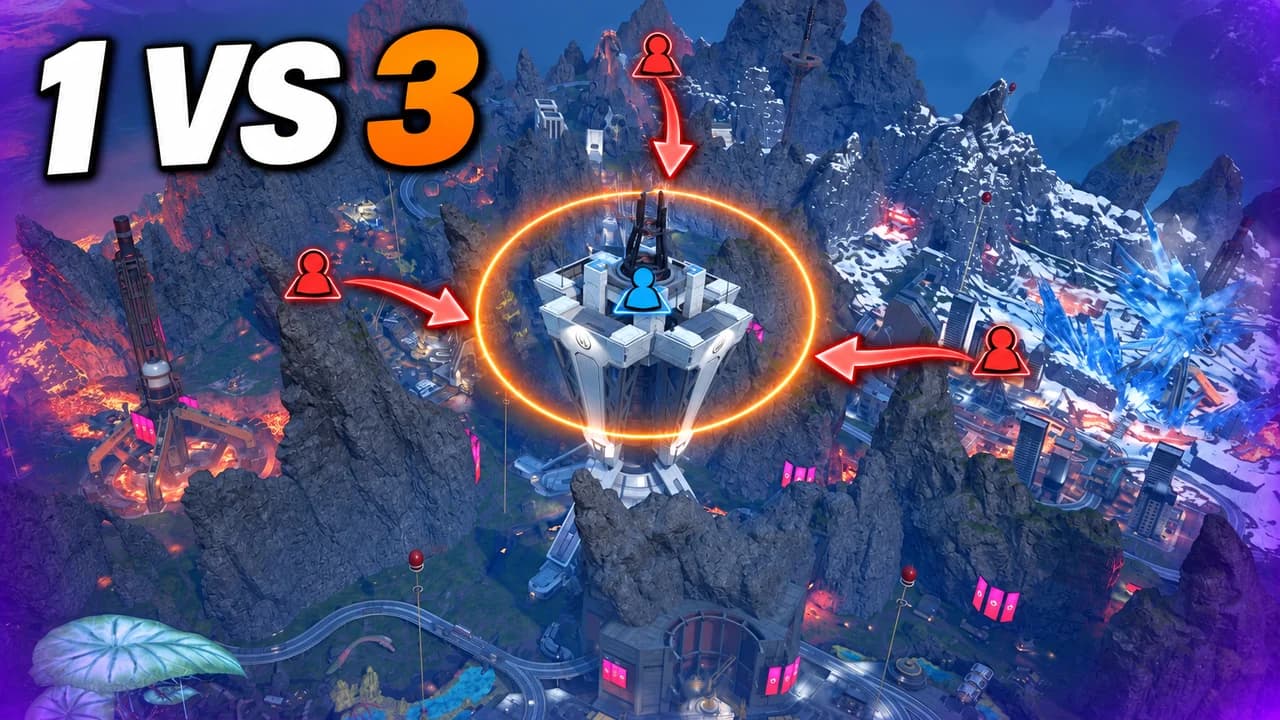 Apex Legends thumbnail: an orange ring around a tower on World's Edge, one blue player icon inside and three red icons closing in, text 1 VS 3