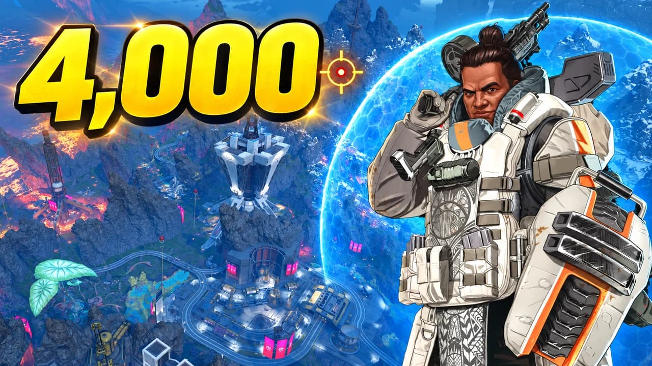 Apex Legends thumbnail: Gibraltar in front of a blue dome shield over World's Edge, the number 4,000 in big gold digits, no other text