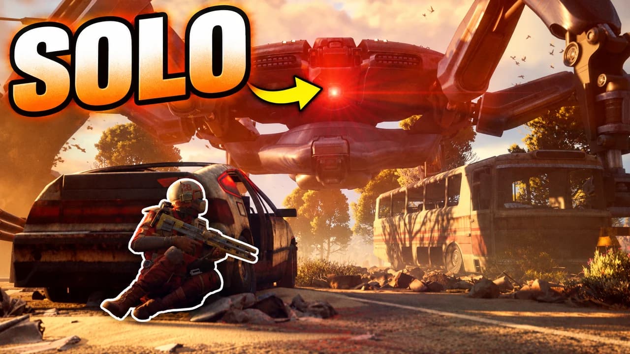 ARC Raiders thumbnail: a raider crouching behind a wrecked car under a giant ARC machine with a red eye, an old bus behind, text SOLO