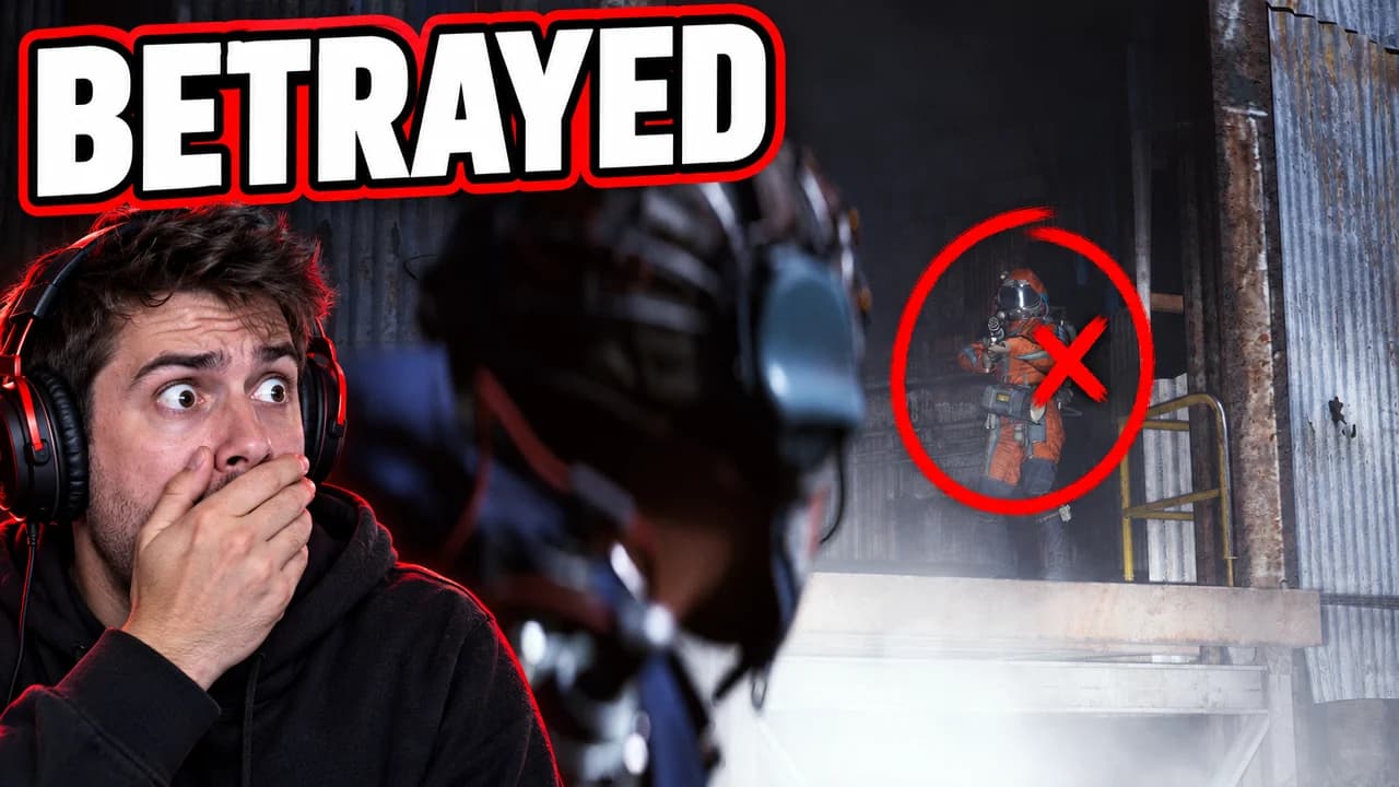 ARC Raiders thumbnail: an invented streamer covering his mouth, a raider in orange circled with a red cross in a dark metal shed, text BETRAYED