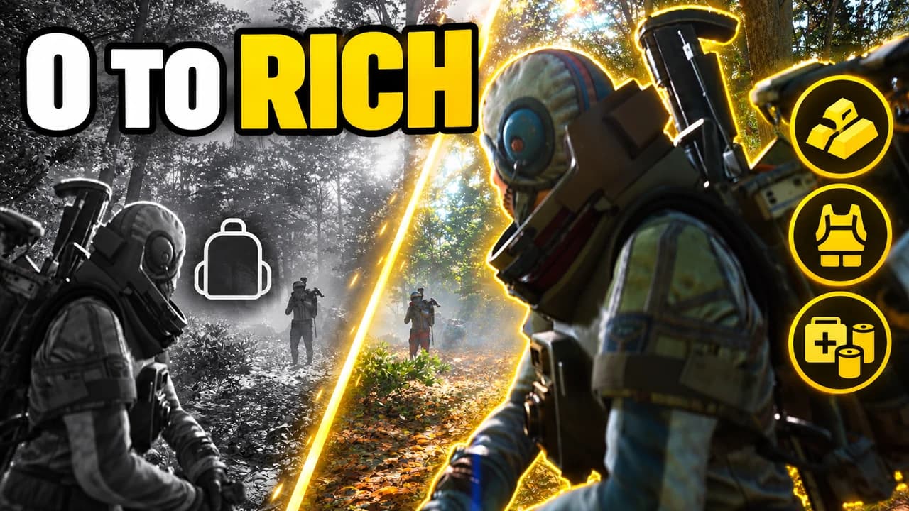 ARC Raiders thumbnail: the same raider in a forest, grey with an empty bag on the left, in colour with loot icons on the right, text 0 TO RICH