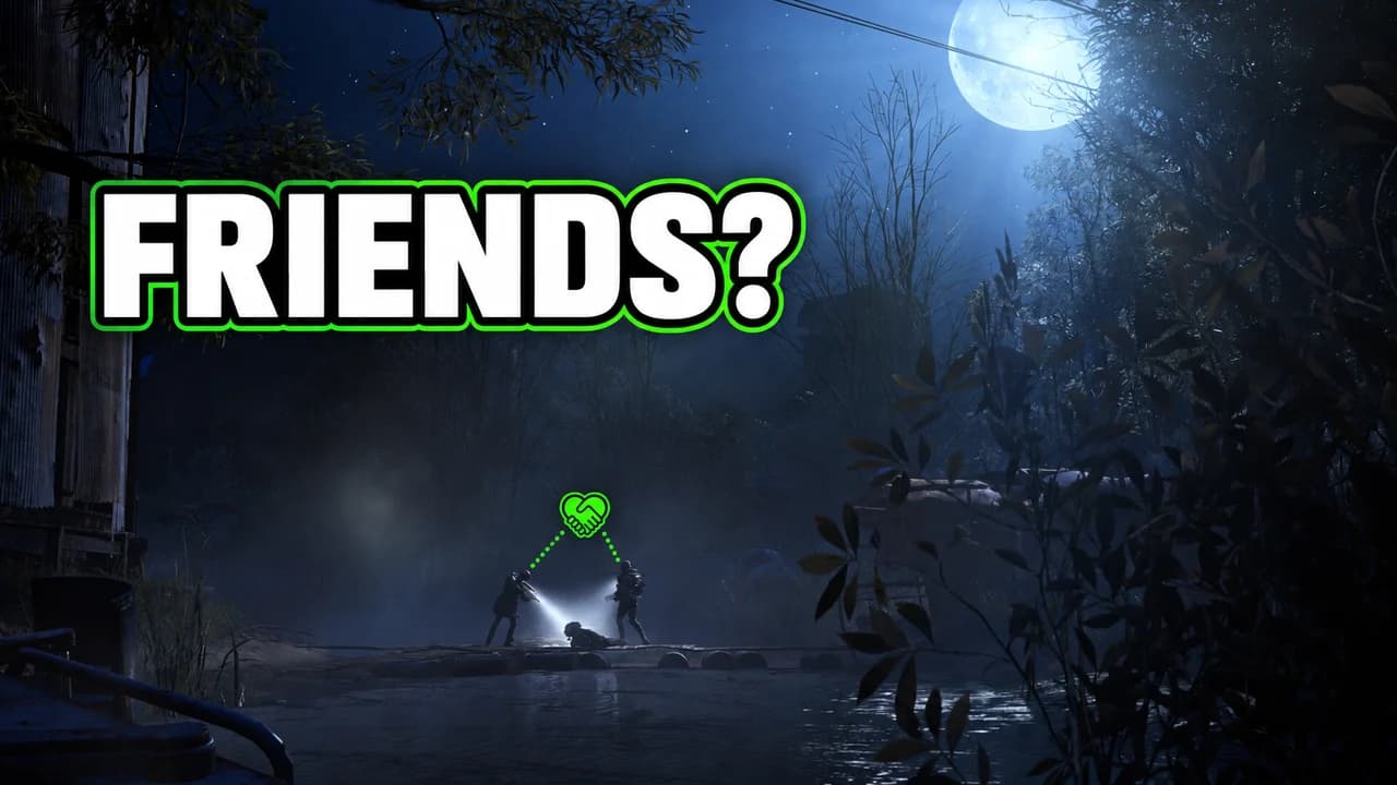 ARC Raiders thumbnail: two raiders with flashlights meeting by the water under a full moon, linked by a green handshake heart, text FRIENDS?